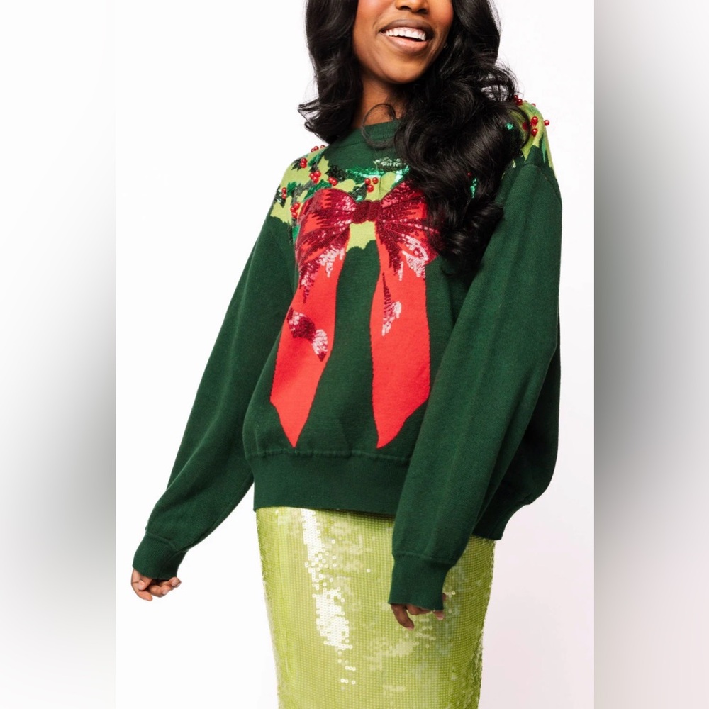 Queen Of Sparkles: Dark Green & Red Wreath Sweater